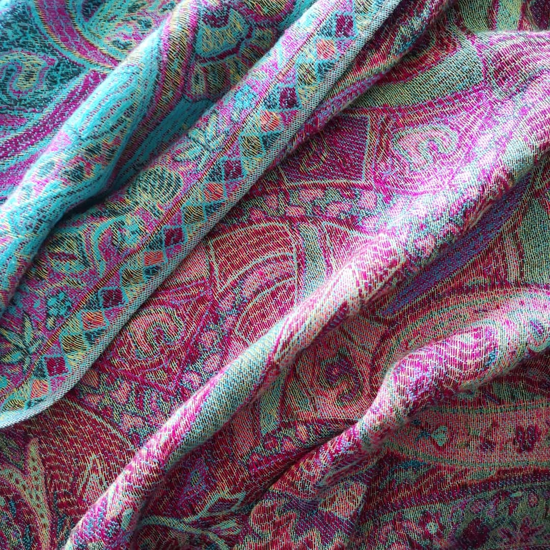 a close-up of one of my many scarves, blue/purple paisley